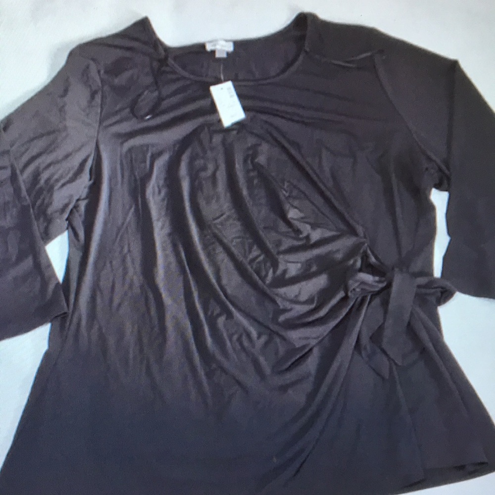 Black 3/4 Sleeve Tie Front Blouse with Peter Pan Collar